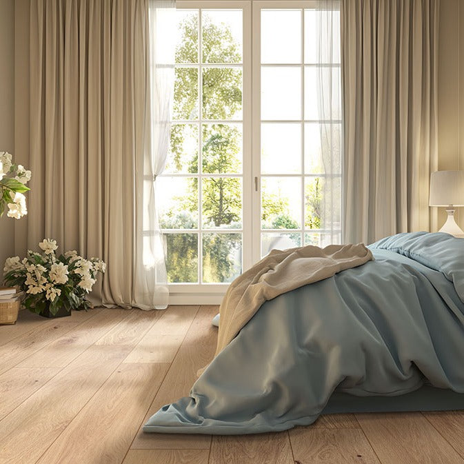 McCarran Tualatin Blonde engineered wood flooring installed in a room