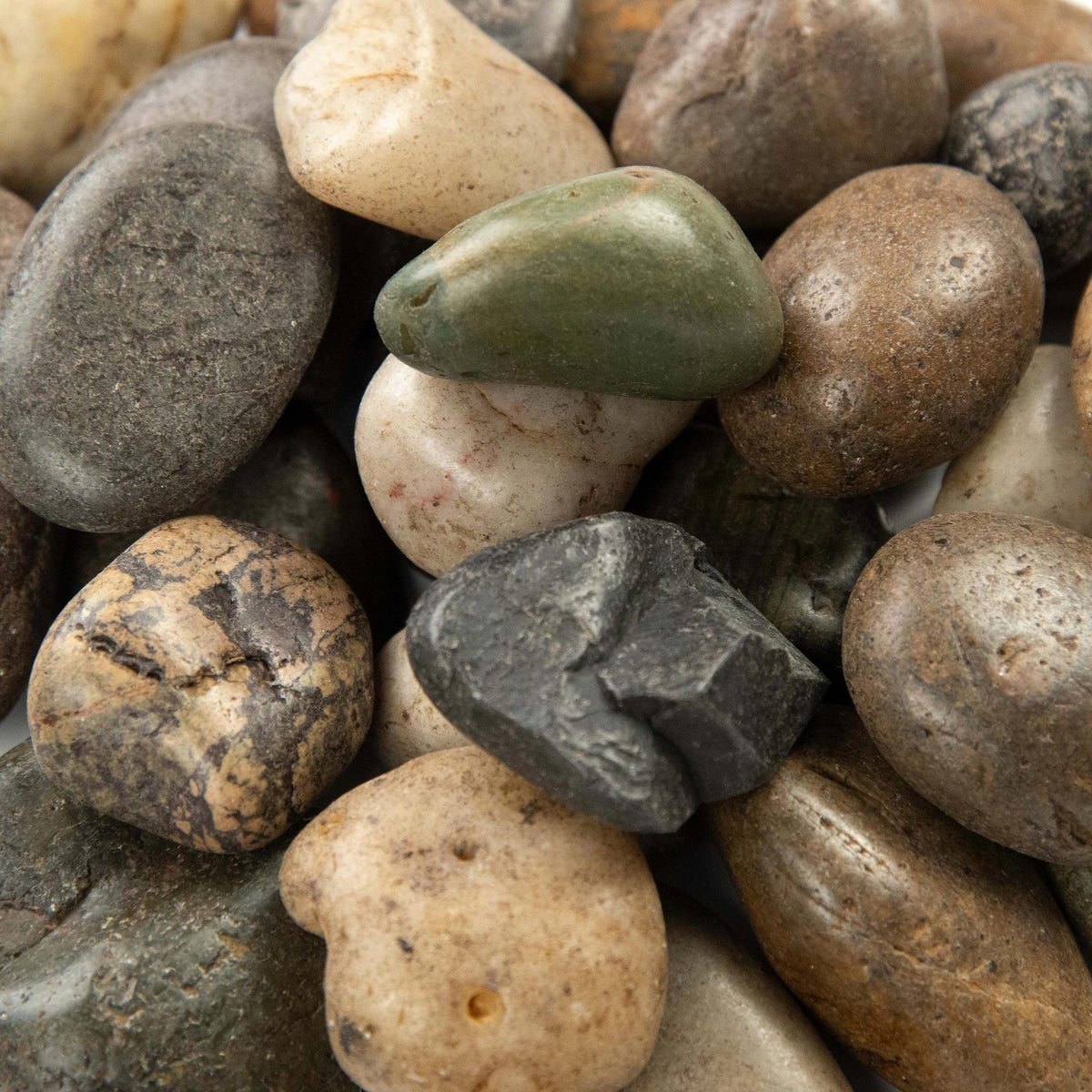 Mixed Polished landscape pebbles, close up product view showing color and texture