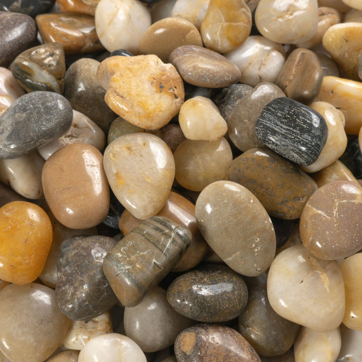 Mixed Super Polished landscape pebbles, close up product view showing color and texture