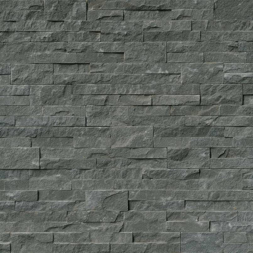 Mountain Bluestone stacked stone wall panels, close up product view showing color and texture