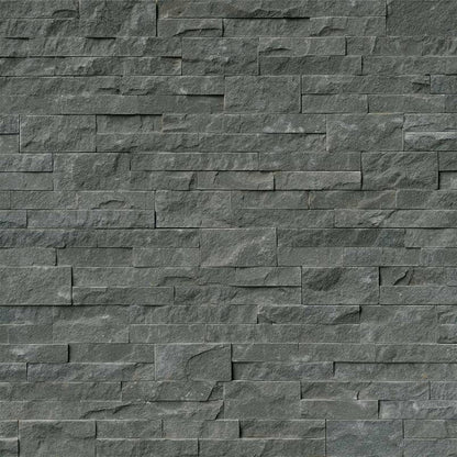 Mountain Bluestone stacked stone wall panels, close up product view showing color and texture