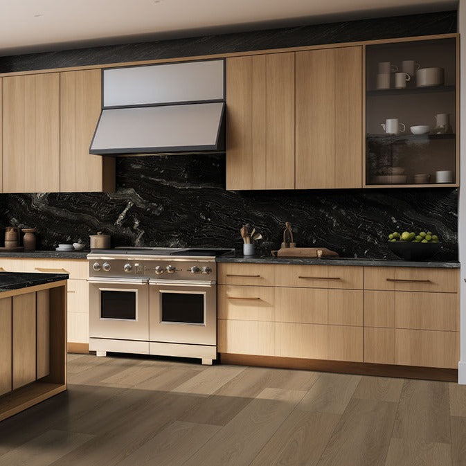 Agatha Black granite countertop installed in a kitchen