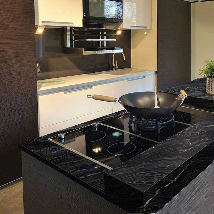 Agatha Black granite countertop installed in a kitchen