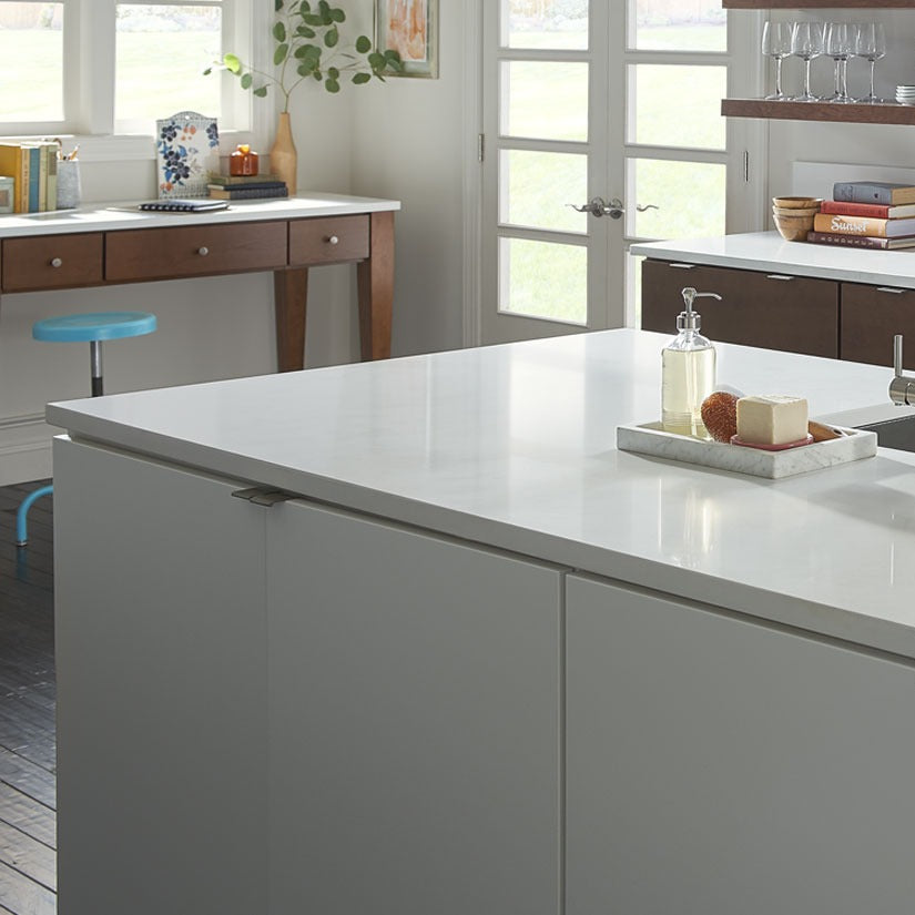 Arctic White quartz countertop installed in a room setting