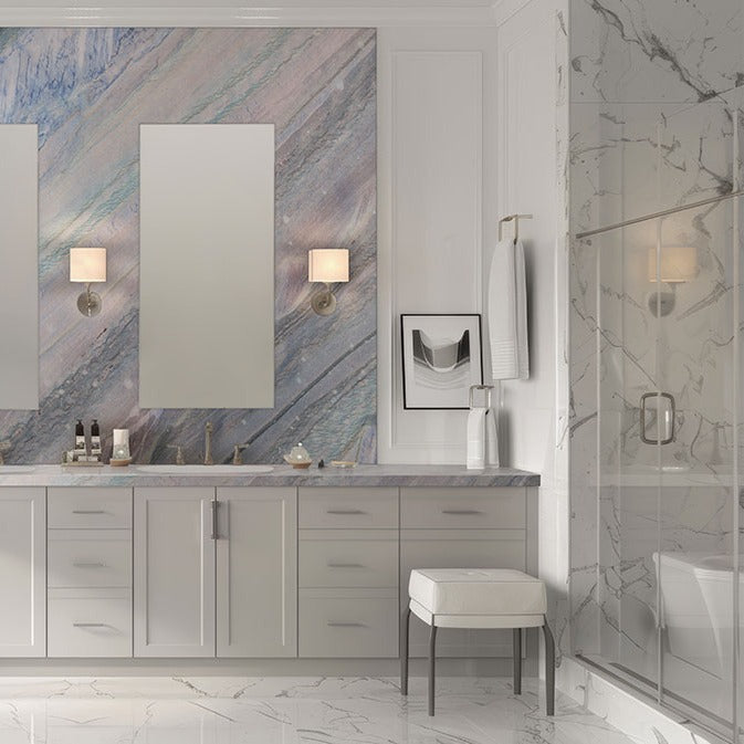 Azul Macaubas quartzite installed in a bathroom
