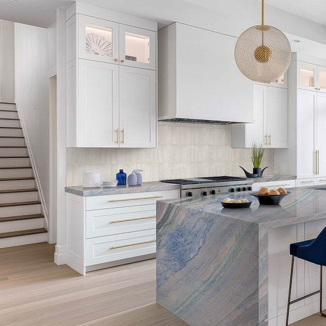 Azul Macaubas quartzite countertop installed in a kitchen