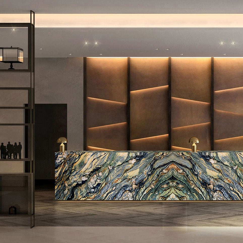 Azul Treasure quartzite installed in a room setting