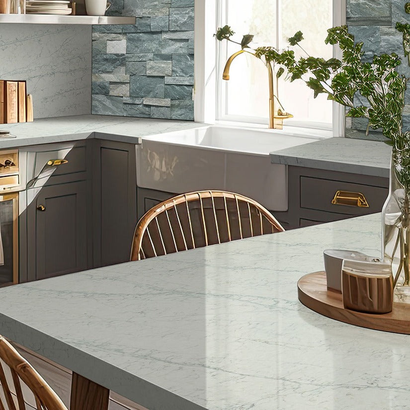 Azurmatt LumaLuxe quartz kitchen countertop installed in a room setting