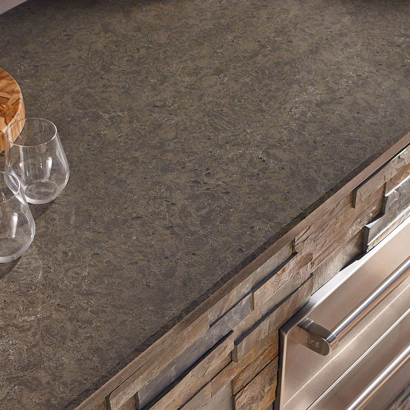 Babylon Gray Concrete quartz countertop installed in a room setting
