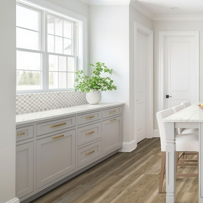 Calacatta Aidana LumaLuxe quartz kitchen countertop installed in a room setting