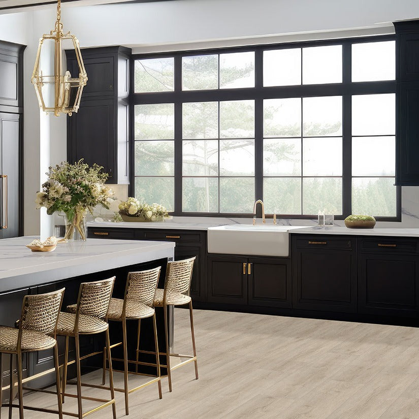 Calacatta Anava Q Plus quartz kitchen countertop installed in a room setting