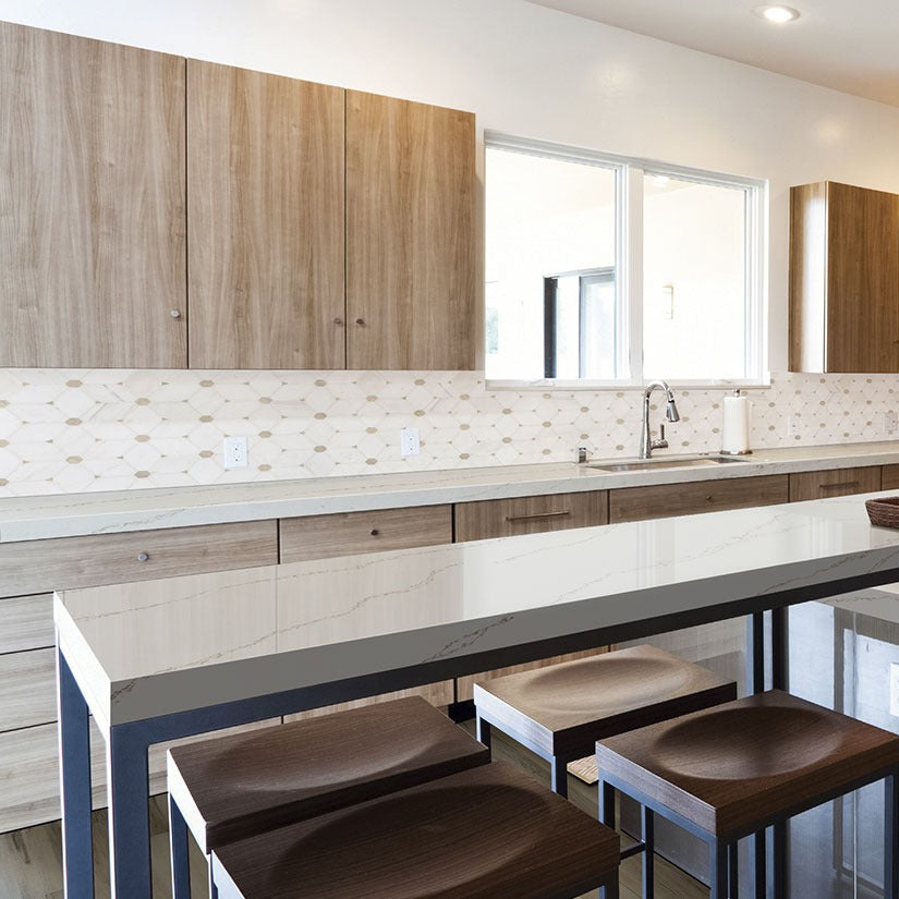 Calacatta Arno LumaLuxe quartz kitchen countertop installed in a room setting