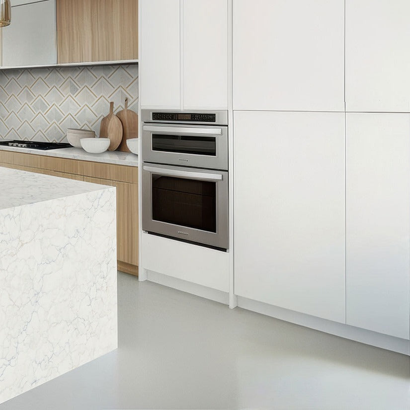 Calacatta Azulean quartz countertop installed in a room setting