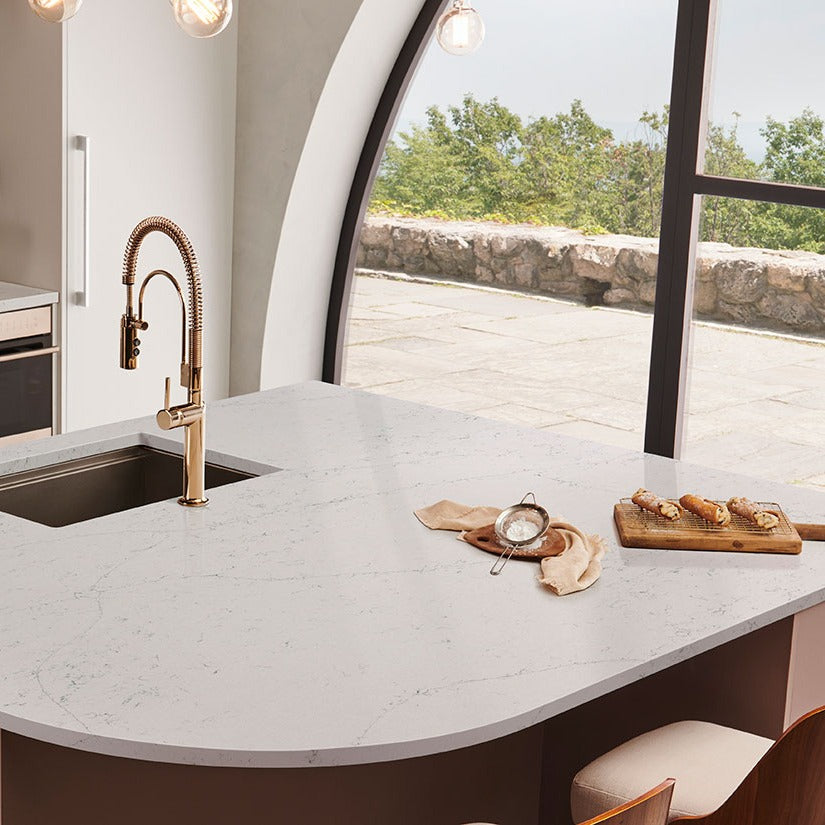 Calacatta Botanica quartz countertop installed in a room setting