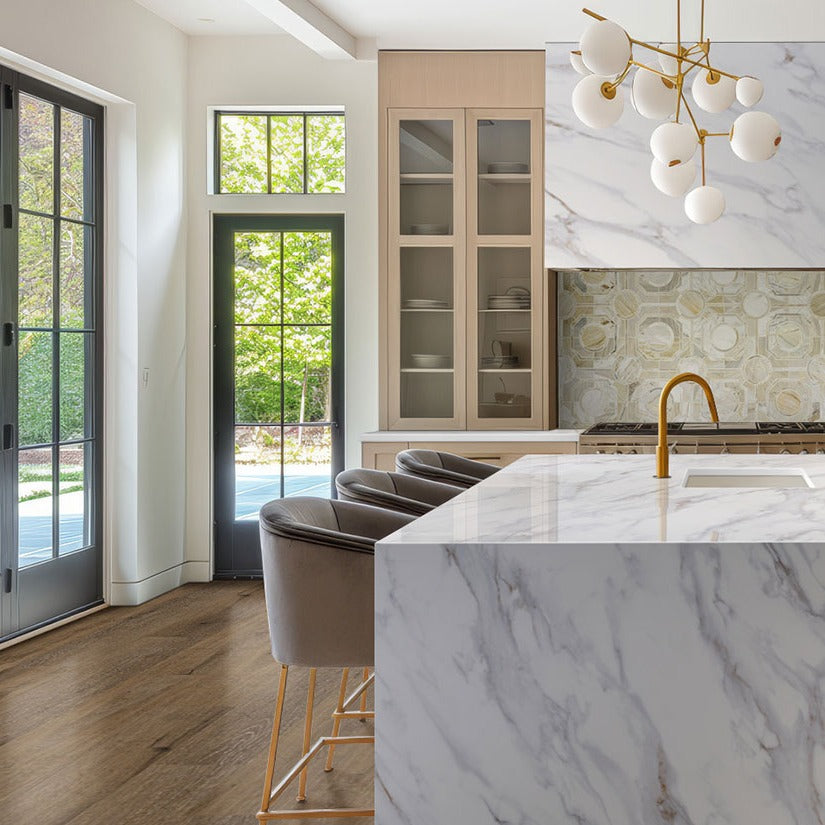Calacatta Castana Q Plus quartz kitchen countertop installed in a room setting