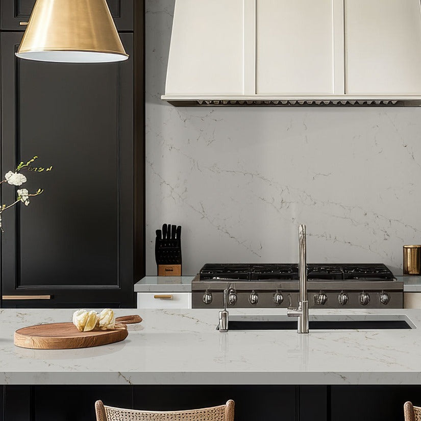 Calacatta Delios LumaLuxe quartz kitchen countertop installed in a room setting