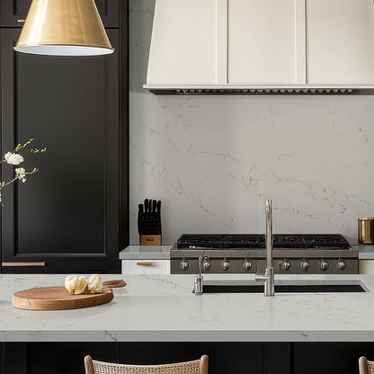 Calacatta Delios LumaLuxe quartz kitchen countertop installed in a room setting