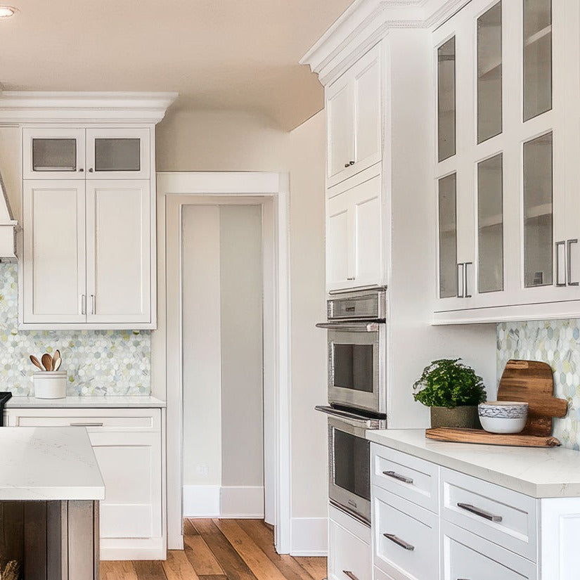 Calacatta Delios LumaLuxe quartz kitchen countertop installed in a room setting