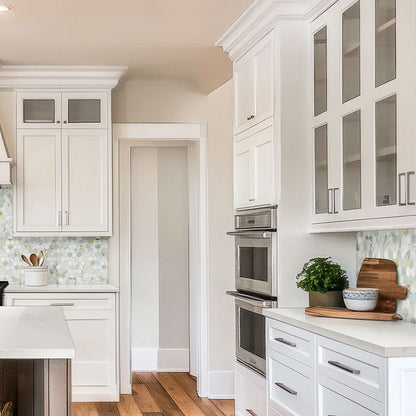 Calacatta Delios LumaLuxe quartz kitchen countertop installed in a room setting