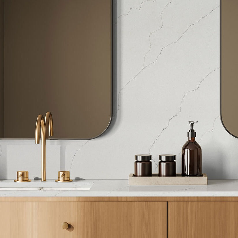 Calacatta Duolina quartz countertop installed in a room setting