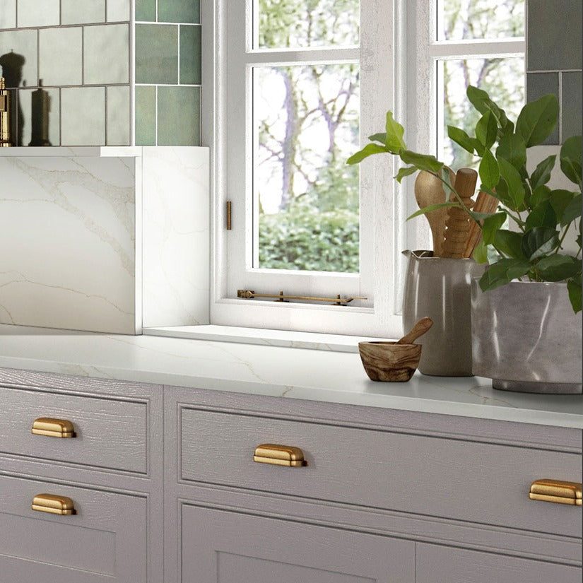 Calacatta Elysio quartz countertop installed in a room setting