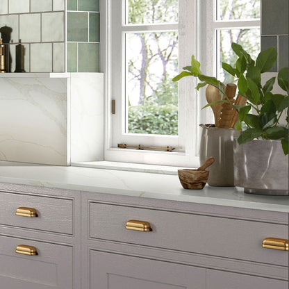 Calacatta Elysio quartz countertop installed in a room setting