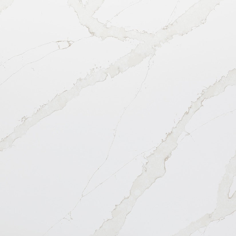 Calacatta Goa LumaLuxe quartz kitchen countertop installed in a room setting