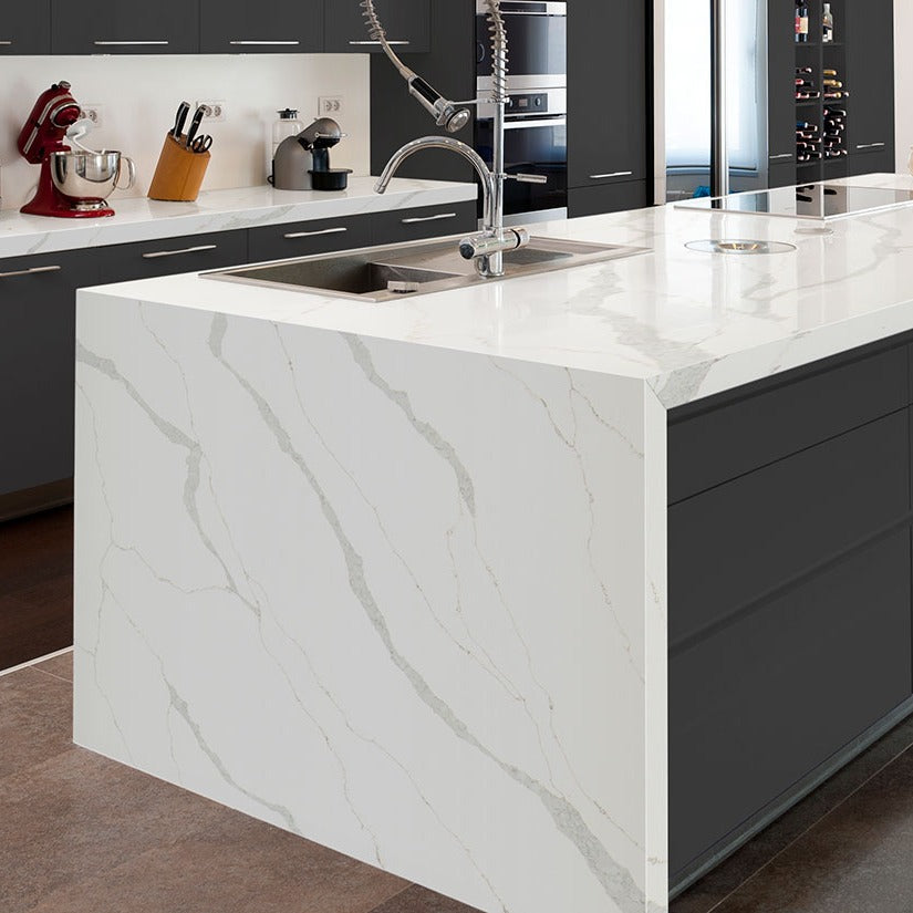 Calacatta Idillio quartz countertop installed in a room setting