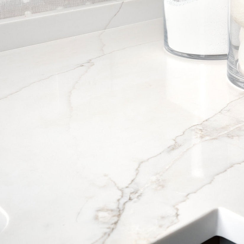 Calacatta Izaro quartz countertop installed in a room setting