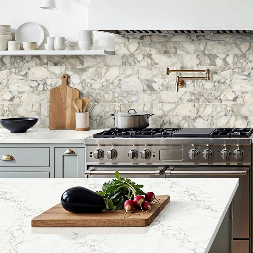 Calacatta Jadira quartz kitchen countertop installed in a room setting