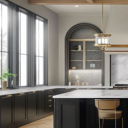 Calacatta Lapiza Q Plus quartz kitchen countertop installed in a room setting