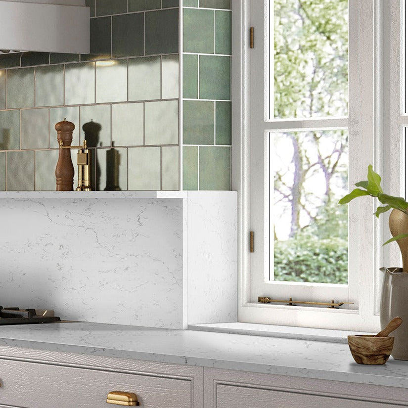 Calacatta Lavasa quartz countertop installed in a room setting