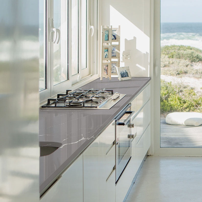 Calacatta Laza Grigio quartz countertop installed in a room setting