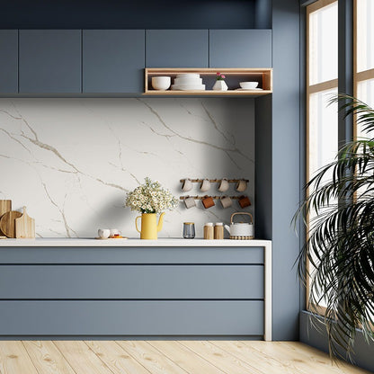 Calacatta Laza Oro quartz countertop installed in a room setting