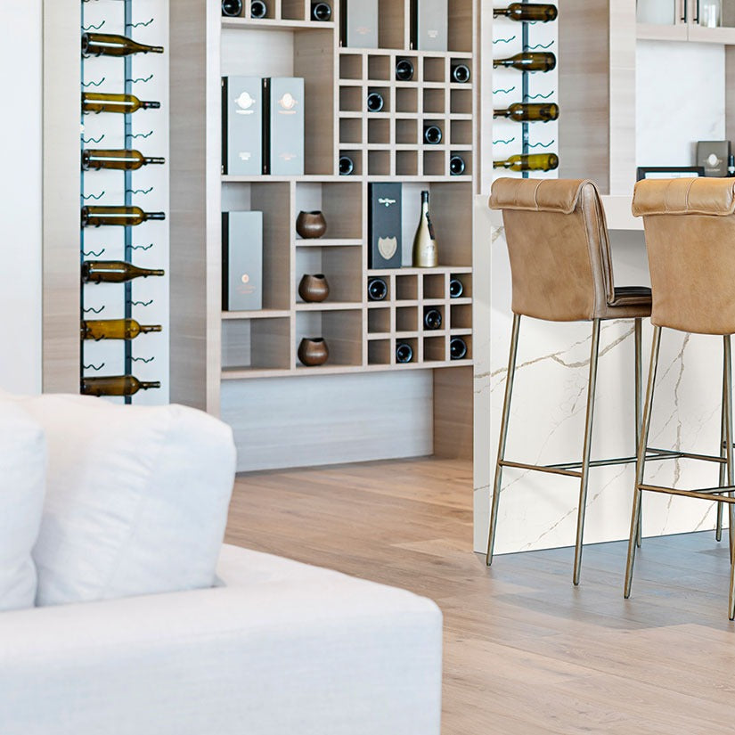 Calacatta Laza Oro quartz countertop installed in a room setting