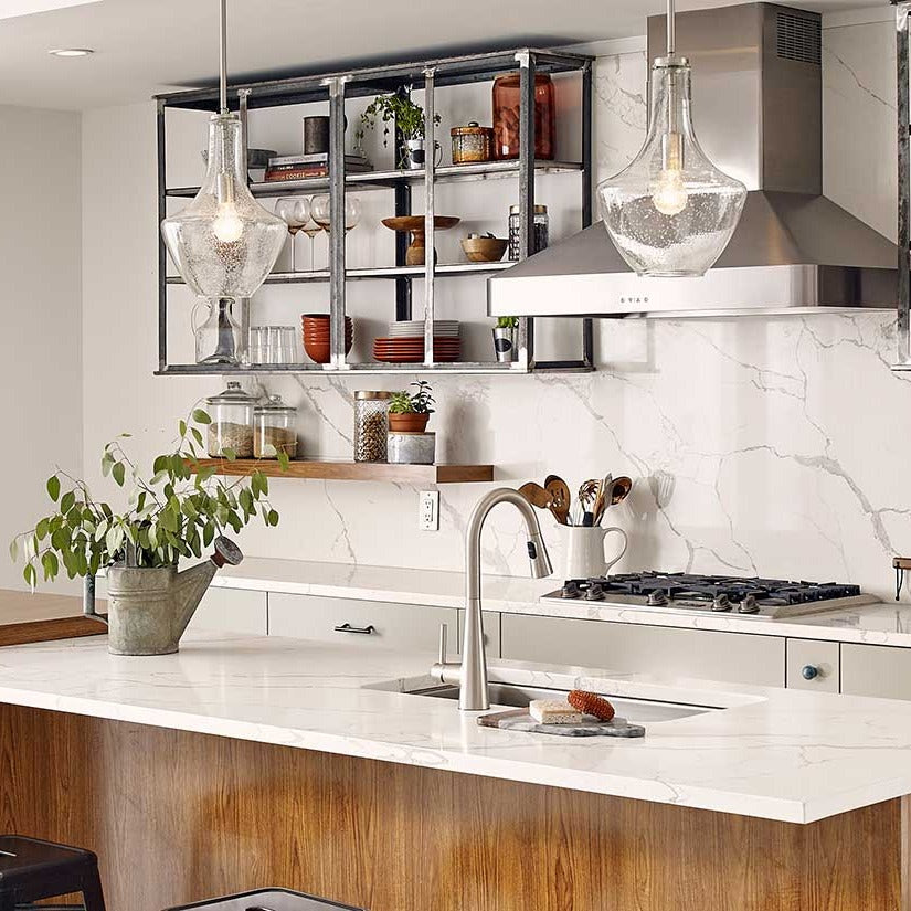 Calacatta Laza quartz countertop installed in a room setting