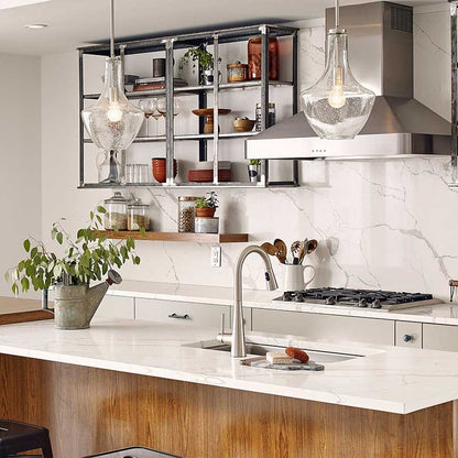 Calacatta Laza quartz countertop installed in a room setting