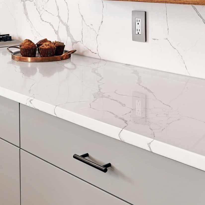 Calacatta Laza quartz countertop installed in a room setting