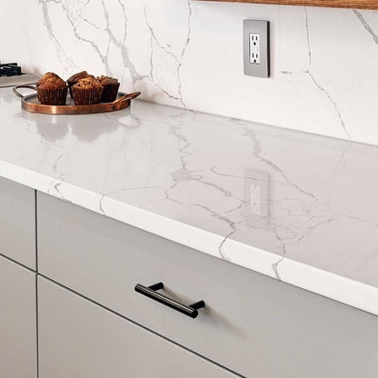 Calacatta Laza quartz countertop installed in a room setting