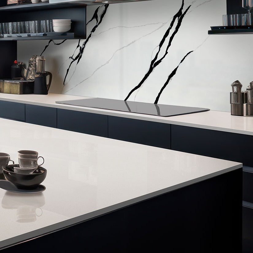 Calacatta Lumanyx LumaLuxe quartz kitchen countertop installed in a room setting