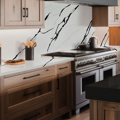 Calacatta Lumanyx LumaLuxe quartz kitchen countertop installed in a room setting