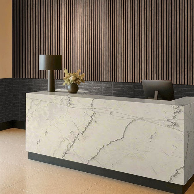Calacatta Macaubas quartzite installed in a room setting