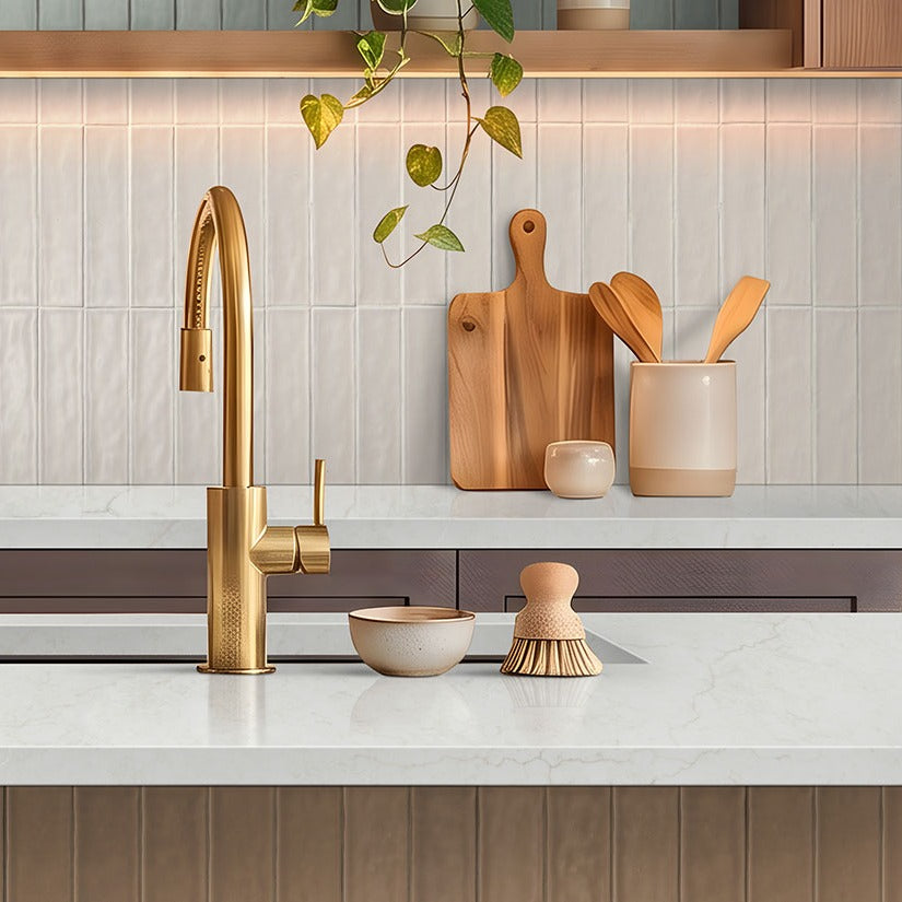 Calacatta Miraggio Cove Honed LumaLuxe Ultra quartz kitchen countertop installed in a room setting