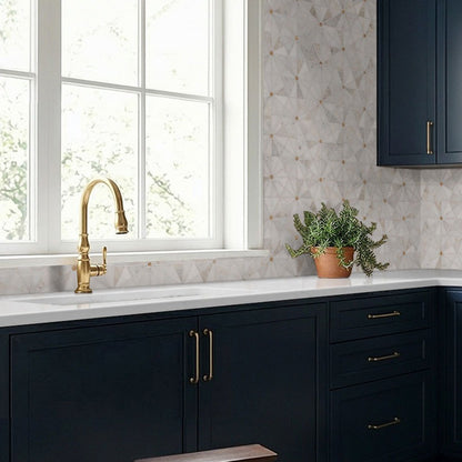 Calacatta Miraggio Duo LumaLuxe Ultra quartz kitchen countertop installed in a room setting