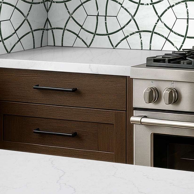 Calacatta Miraggio LumaLuxe Ultra quartz kitchen countertop installed in a room setting