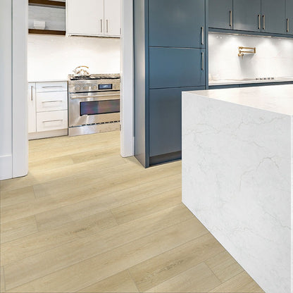 Calacatta Miraggio Lusso LumaLuxe Ultra quartz kitchen countertop installed in a room setting