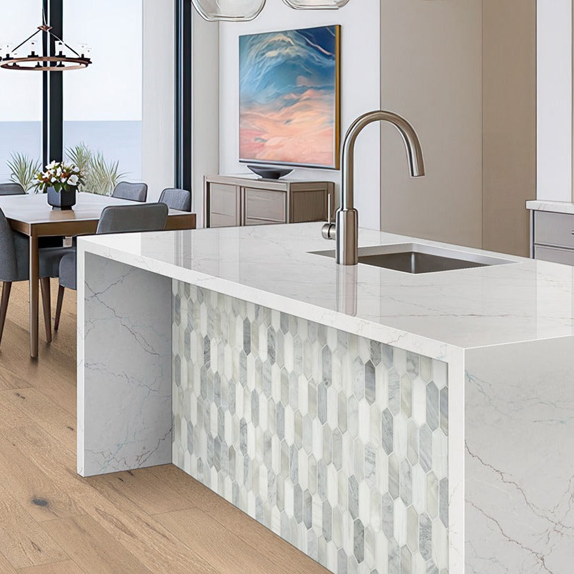 Calacatta Miraggio SeaGlass LumaLuxe Ultra quartz kitchen countertop installed in a room setting