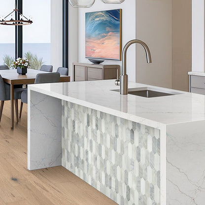 Calacatta Miraggio SeaGlass LumaLuxe Ultra quartz kitchen countertop installed in a room setting