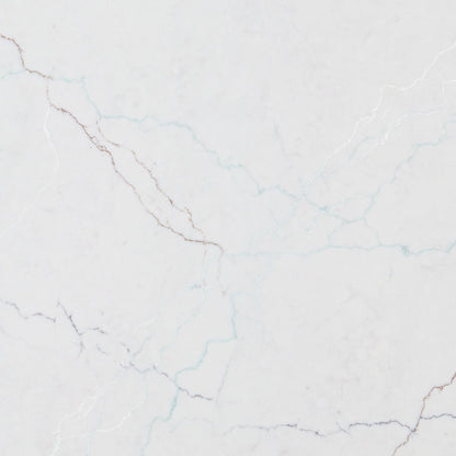 Calacatta Miraggio SeaGlass LumaLuxe Ultra quartz slab, close up of the surface