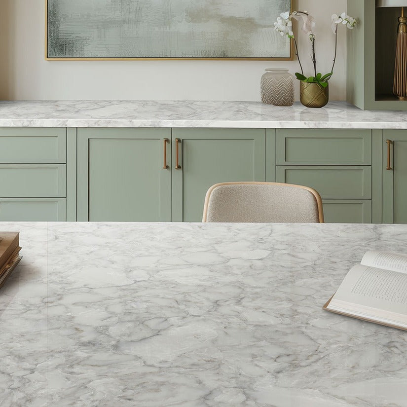 Calacatta Ocellio LumaLuxe quartz kitchen countertop installed in a room setting
